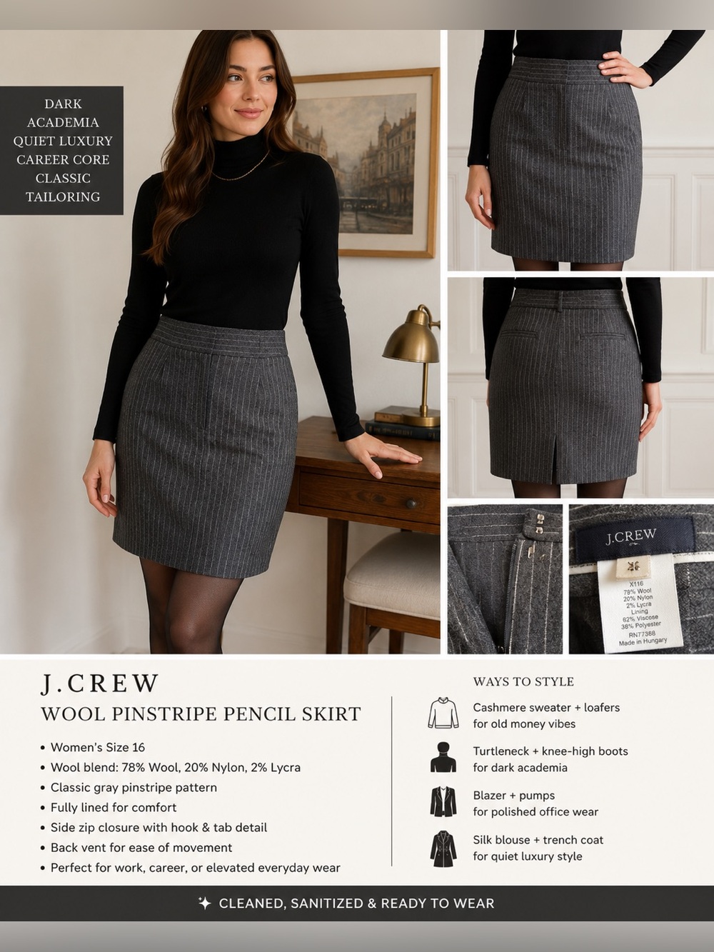 Dark Academia Quiet Luxury Wool Pinstripe Pencil Skirt Career Preppy 16 Gray E86